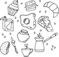 A set of vector drawings of breakfast products. Doodle food illustrations: turkey with coffee, scrambled eggs, bread and butter, c