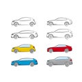 Set of vector drawings of cars from the side view. Small car, sedan, dungeon, SUV. Simple drawing of black lines and colored car i Royalty Free Stock Photo