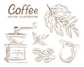 Set of vector drawings of coffee teapot coffee tree coffee grinder jug coffee beans