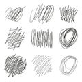 Set of vector drawn tangles, lines, circles, ellipses Doodle sketch. Black line abstract scribble shape. Vector.