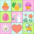Set of vector Easter cards , background with colored funny chickens, eggs and flowers Royalty Free Stock Photo