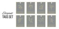 Set of 8 vector elegant gift tags. Labels in gray with gold frames and outline plants. Isolated on white background. Royalty Free Stock Photo