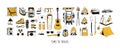 Set of vector elements in black and yellow colors isolated on white. Hiking, camping. Backpack, boots, tent, sleeping