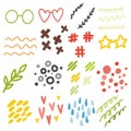 A set of vector elements for the design of children`s cards, banners, and stickers. Hearts, stars, glasses, masks, bars of bright