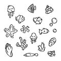 Set of vector elements in doodle style. drawn seashells, starfish, black outline sketch isolated elements on white background for Royalty Free Stock Photo