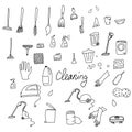 Set of vector elements with items for cleaning. Washing machine, powder, vacuum cleaner doodle. Royalty Free Stock Photo