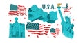 A set of vector elements. USA, American landmarks, statues and monuments. The statue of liberty, Lincoln monument and mount Royalty Free Stock Photo