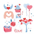 Set of vector elements for Valentine`s Day. Kit of love icons. Isolated elements on a white background. Love tree, rose, gift