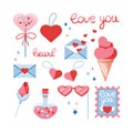 Set of vector elements for Valentine`s Day. Kit of love icons. Isolated elements on a white background. Candy heart, glasses