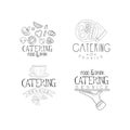 Set of vector emblems for catering companies. Food service. Monochrome logos with vegetables, English breakfast, coffee