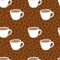 A set of vector seamless pattern of white mugs and coffee beans on a background. The coffee concept. Royalty Free Stock Photo