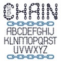 Set of vector English alphabet letters isolated. Upper case decorative font created using metal connected chain link. Royalty Free Stock Photo