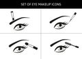 Set of vector eye icons with different  brushes for makeup. Applying beauty products and cosmetics Royalty Free Stock Photo