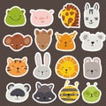 A set of vector faces of animals in bright colors for the design of children`s rooms, patterns, cards