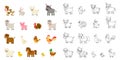 Set of cute vector farm animals. Black and white version. Royalty Free Stock Photo