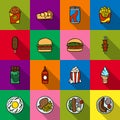 Set of vector fast food icons in bright square flat dice with long shadow, for web design and internet Royalty Free Stock Photo