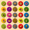 Set of vector fast food icons in round flat bright plates with long shadow Royalty Free Stock Photo