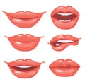 Set of vector female lips on a white background. Various emotion Royalty Free Stock Photo