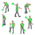 A set of vector figures of an asian worker with a shovel standing, walking, digging