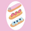 Set of vector files with belgium eclair pastries in different flavors, on a white and pink background.