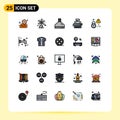 Set of 25 Vector Filled line Flat Colors on Grid for lock, keys, windmill, type, typewriter