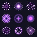 Set vector of fireworks purple color. Collections of firecrackers on black background. Design elements for decor Festival. Royalty Free Stock Photo