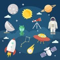 Set of vector flat cartoon cosmic icons. Space exploration, flights, fantasy, sky.
