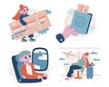 Set vector flat cartoon illustrations. Illustrations at the airport, plane tickets, customs clearance, waiting area. Royalty Free Stock Photo