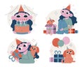 Set vector flat cartoon illustrations. Birthday party. Festive illustrations on the theme of the birthday. Royalty Free Stock Photo