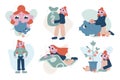 Set vector flat cartoon illustrations. The girl carries a bag of money, shakes the piggy bank with coins, empty pockets