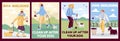 Set of vector flat cartoon illustrations for posters with owners who walk their dogs in park and clean up after their