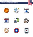 9 USA Flat Filled Line Pack of Independence Day Signs and Symbols of st; pipe; calendar; american; feather