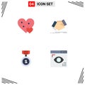 Set of 4 Vector Flat Icons on Grid for heart, business, gift, hand shake, badges
