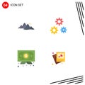 Set of 4 Vector Flat Icons on Grid for mountain, business, nature, gears, diploma