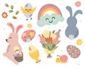 set of vector flat illustrations easter easter bunnies eggs flowers