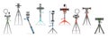 Set of vector flat illustrations of monopods, tripods, and selfie sticks for cameras, smartphones, and self portraits.