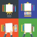 Set of vector flat illustrations of tools and art supplies Royalty Free Stock Photo