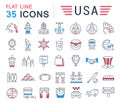 Set Vector Flat Line Icons USA and America Royalty Free Stock Photo