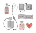Set of vector flat medical icons. Cardio treatment collection. Medicine cardiology equipment isolated on white background. Heart