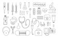 Set of vector flat medical line icons. Medicine or health insurance, research outline collection. Healthcare and laboratory Royalty Free Stock Photo
