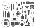 Set of vector flat medical silhouette icons. Medicine or health insurance, research collection. Healthcare and laboratory Royalty Free Stock Photo