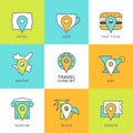 Set of vector flat travel icons. Map symbols, waypoint, hotel, t