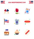 Set of 9 Vector Flats on 4th July USA Independence Day such as drink; usa; invitation; thanksgiving; american Royalty Free Stock Photo