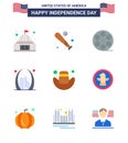 Set of 9 Vector Flats on 4th July USA Independence Day such as landmark; building; sports; arch; video