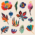 Set of vector floral obgects in modern abstract style. Flowers, leaves, cut papar elements and hand drawn texture Royalty Free Stock Photo