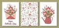 Set of vector floral postcards for Mother`s day. Opened craft envelope with flowers arrangement. Floral vector background