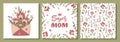 Set of vector floral postcards for Mother`s day. Opened craft envelope with flowers arrangement. Super mom handwritten lettering
