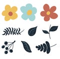 Set of vector flowers. Colourful plants. Flowers and leaves. Ink drawings. Vector sketches. Decorative elements.