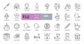 Set of vector flu icons with editable stroke. Symptoms, treatment and prevention of colds. Virus, fever, sneezing, runny nose,