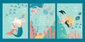 Set of vector flyer or banner templates for a diving club with a cute diver and a funny fairytale character surrounded by fish,